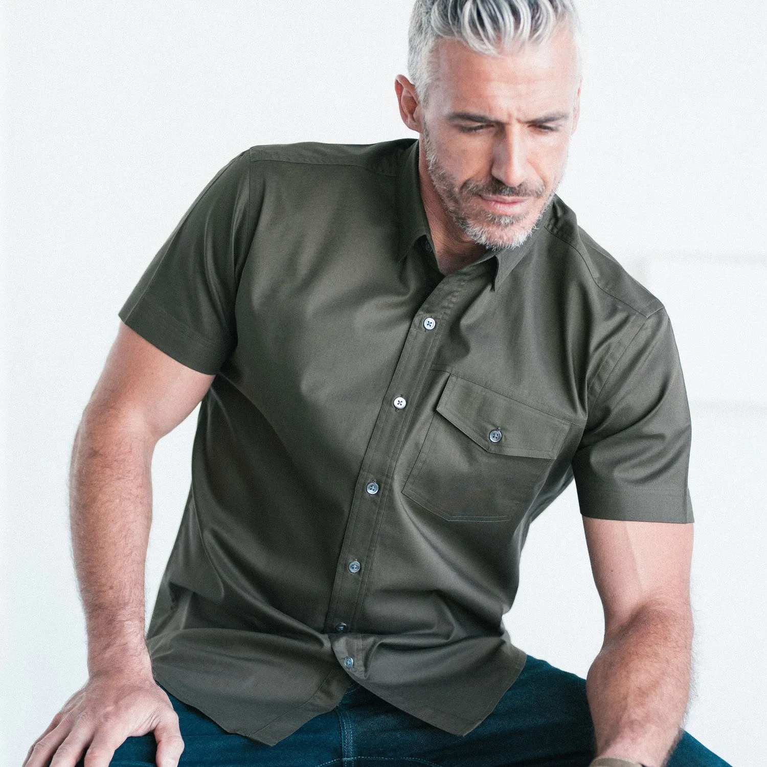 Author Short Sleeve Casual Shirt – Fatigue Green Cotton Twill