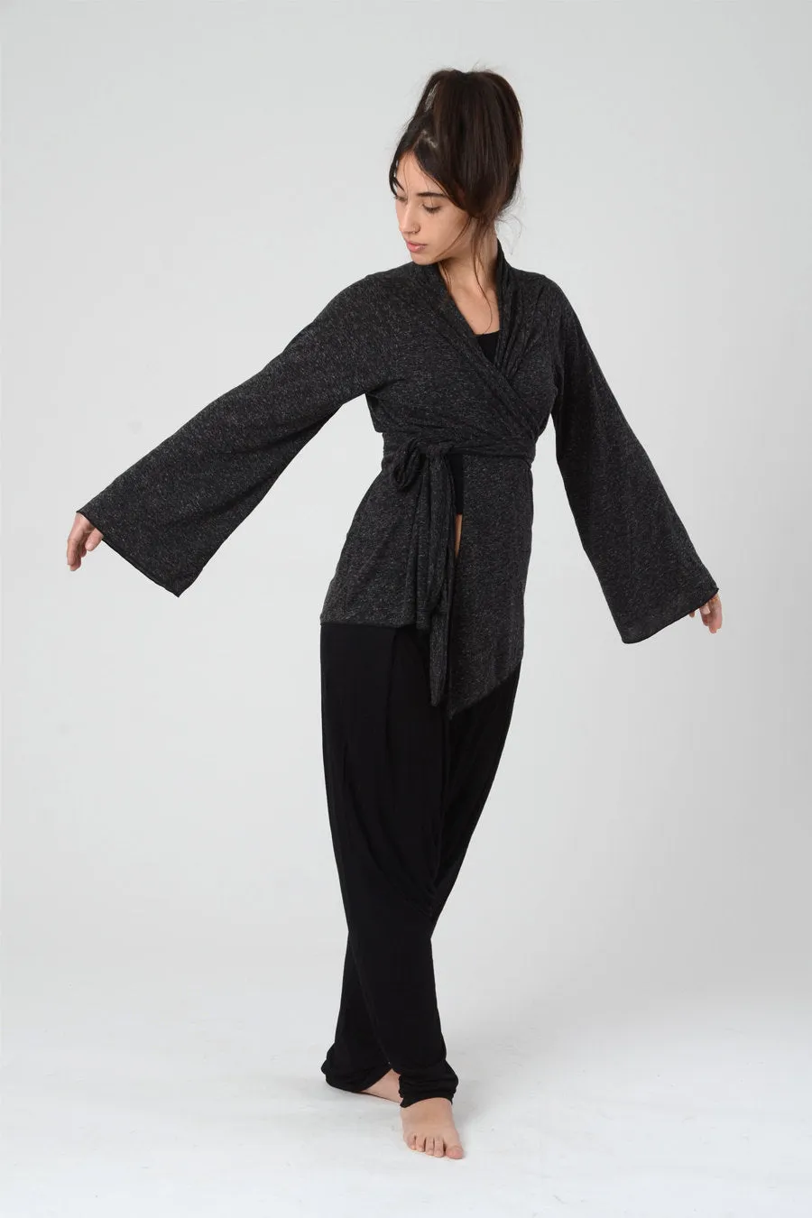 Dark Grey Bell Sleeve Wrap Kimono Cardigan