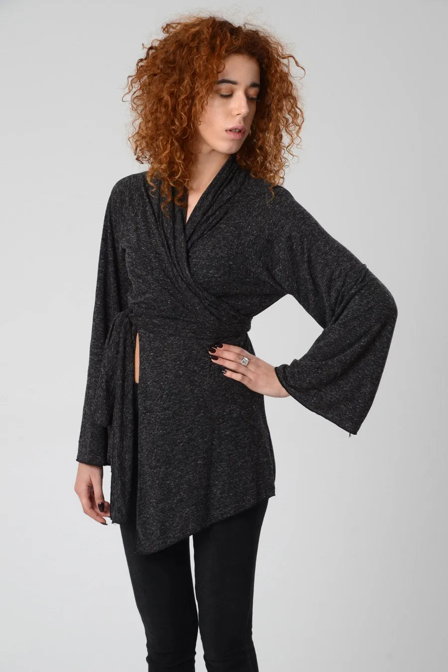 Dark Grey Bell Sleeve Wrap Kimono Cardigan