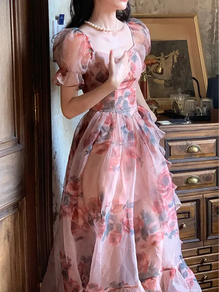 Getadme French Elegant Evening Party Dress Woman Caual Beach Style Floral Midi Dress One Piece Dress Korean Fashion Summer Design