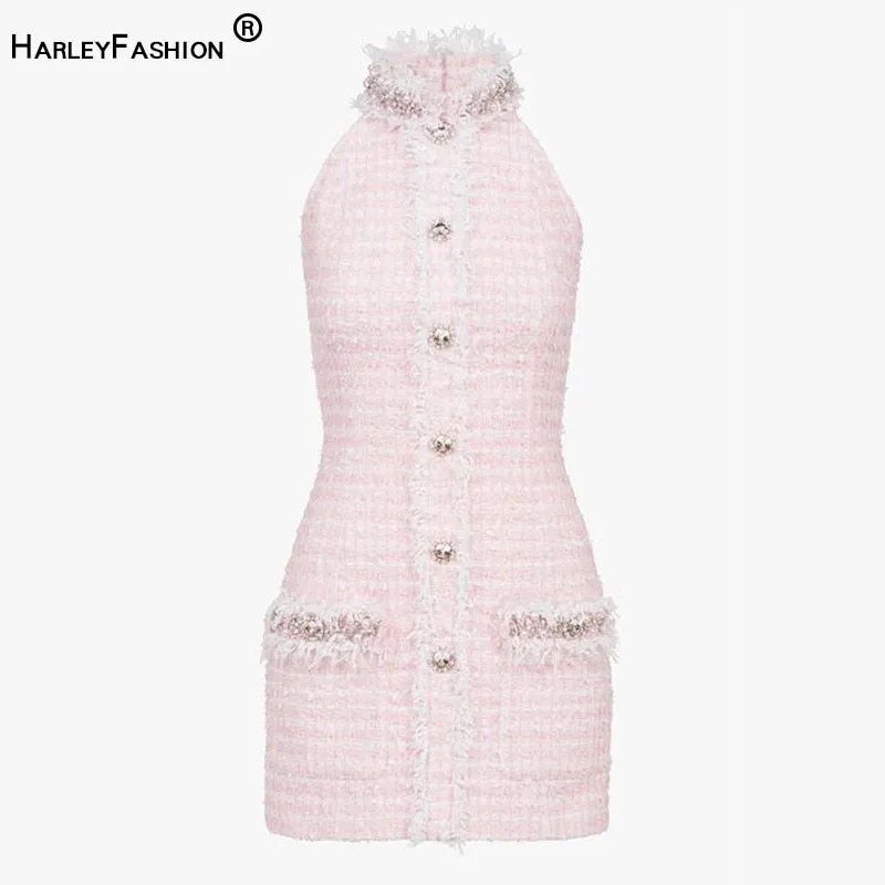 HarleyFashion Women Rhinestone Pink Tweed Backless Dress Tassel Diamonds Buttons Lady Bodycon Mini Dresses
