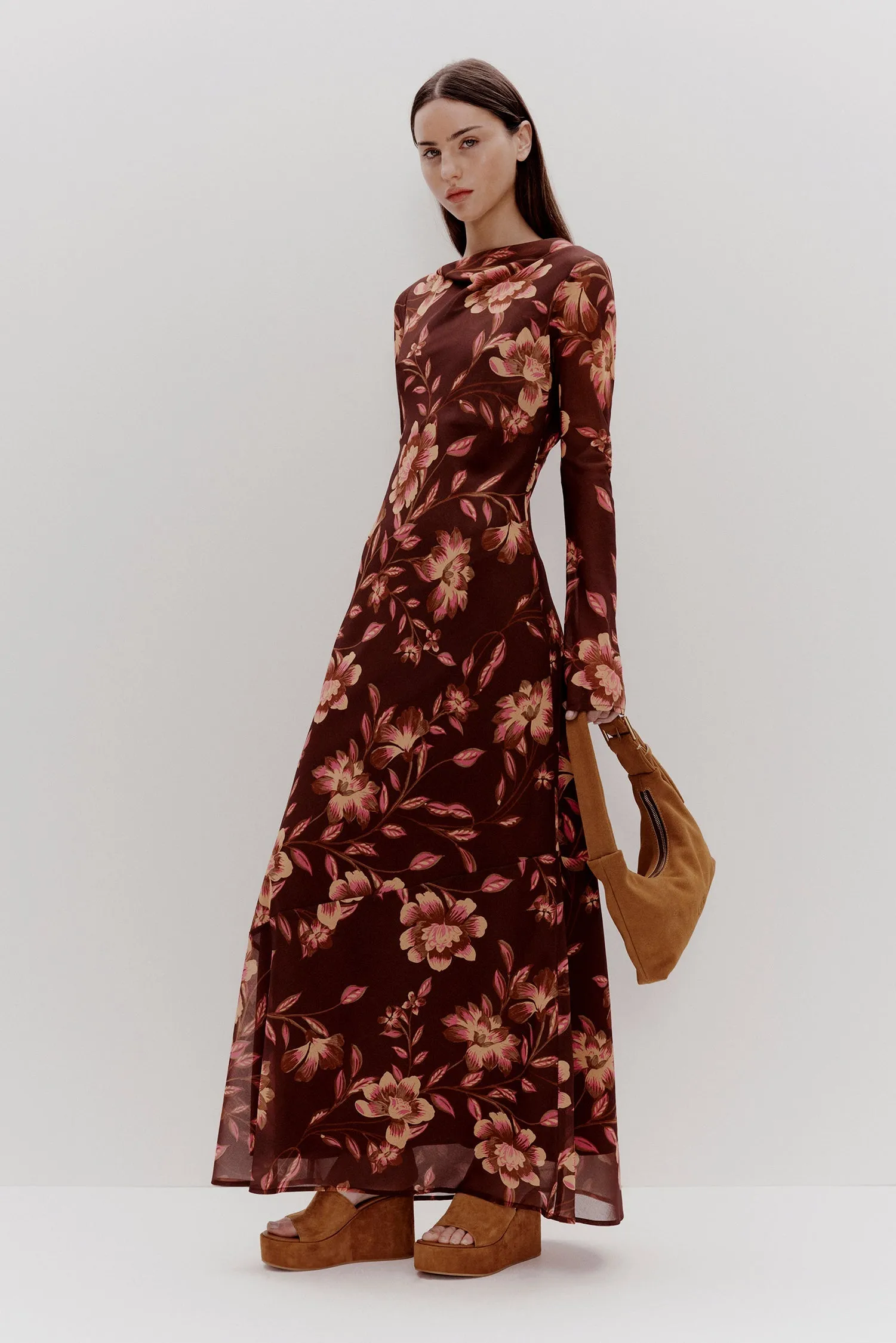 Valentina Rum Raisin Floral LS Maxi Dress